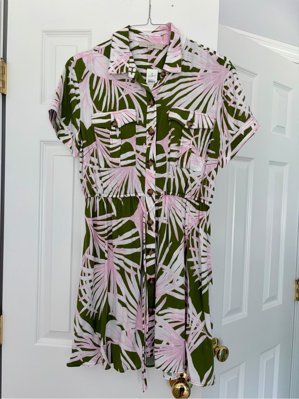 LOFT Olive Green & Light Pink Palm-Print Button Shirt